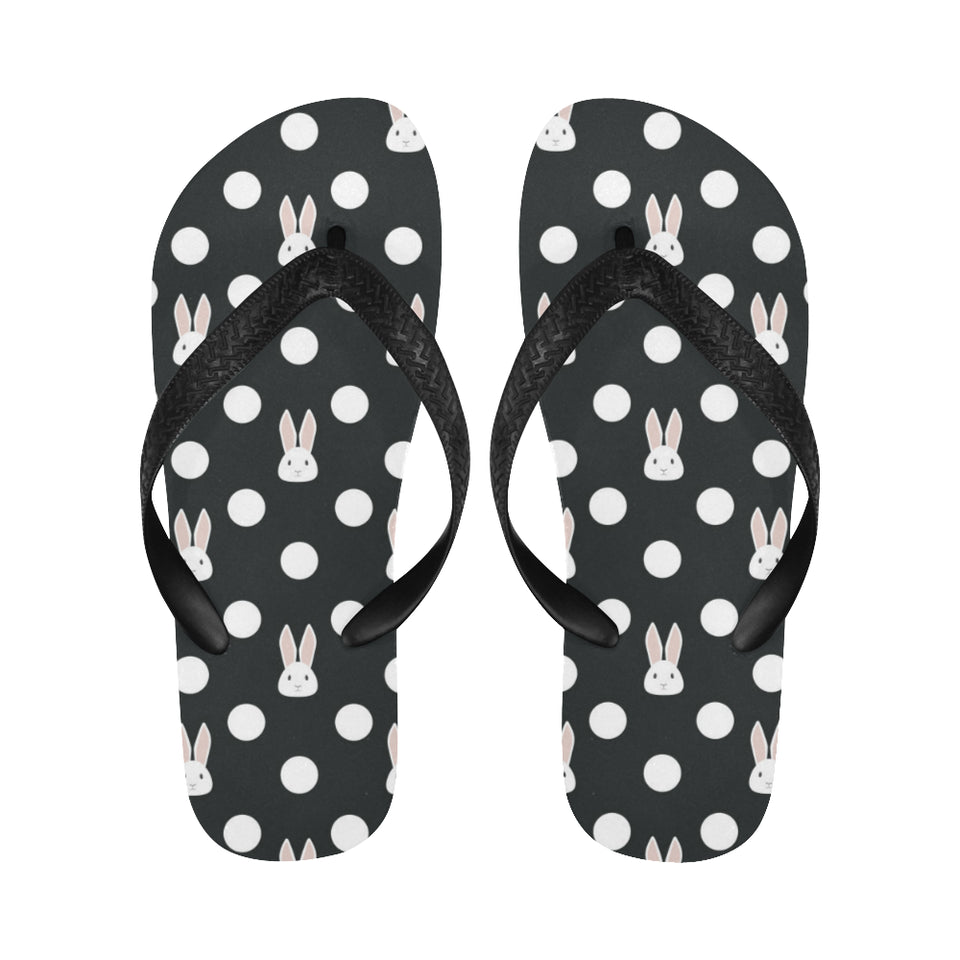 Cute white rabbit polka dots black background Unisex Flip Flops