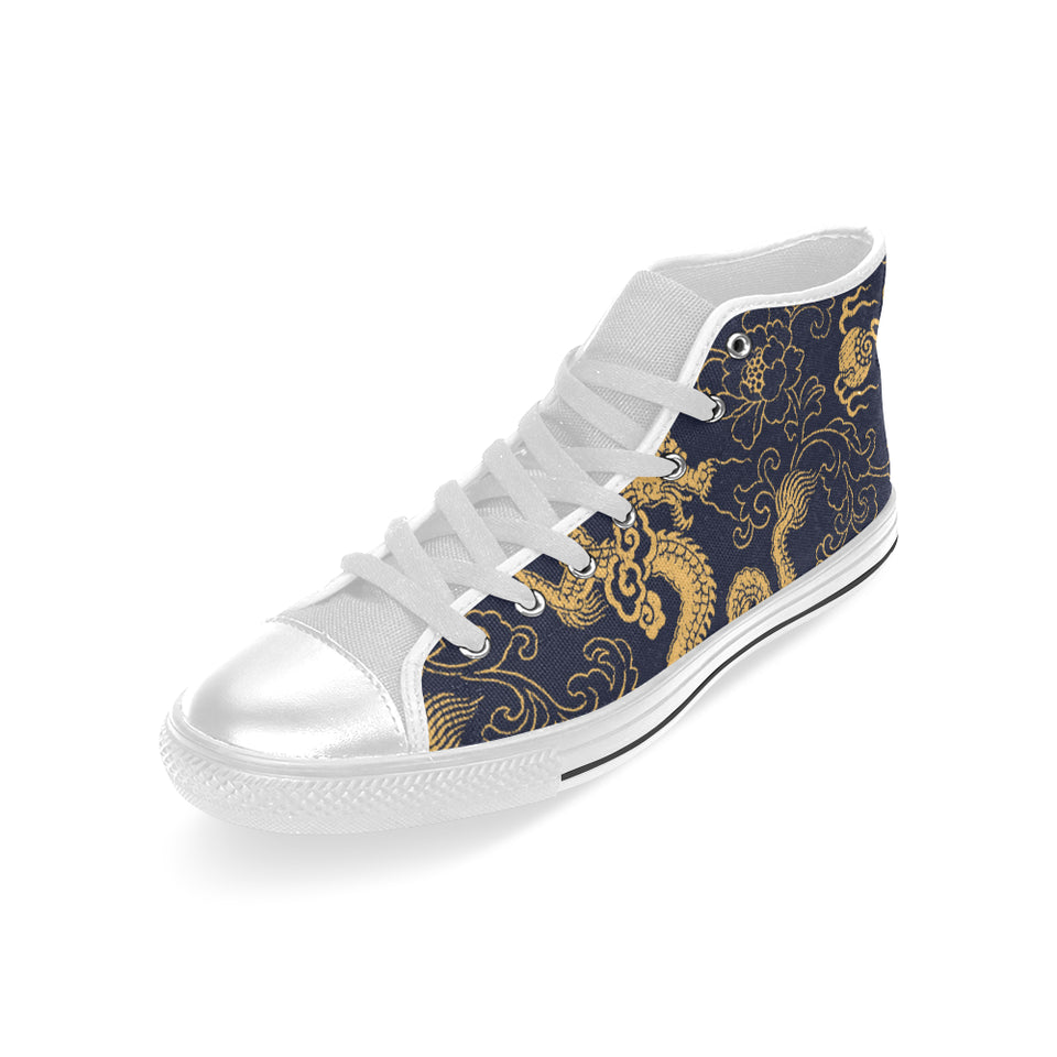 Gold dragon pattern Men's High Top Canvas Shoes White
