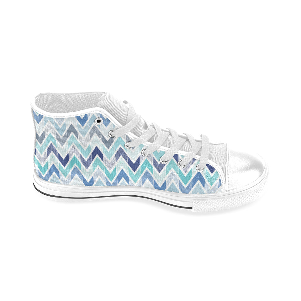 zigzag  chevron blue pattern Men's High Top Canvas Shoes White