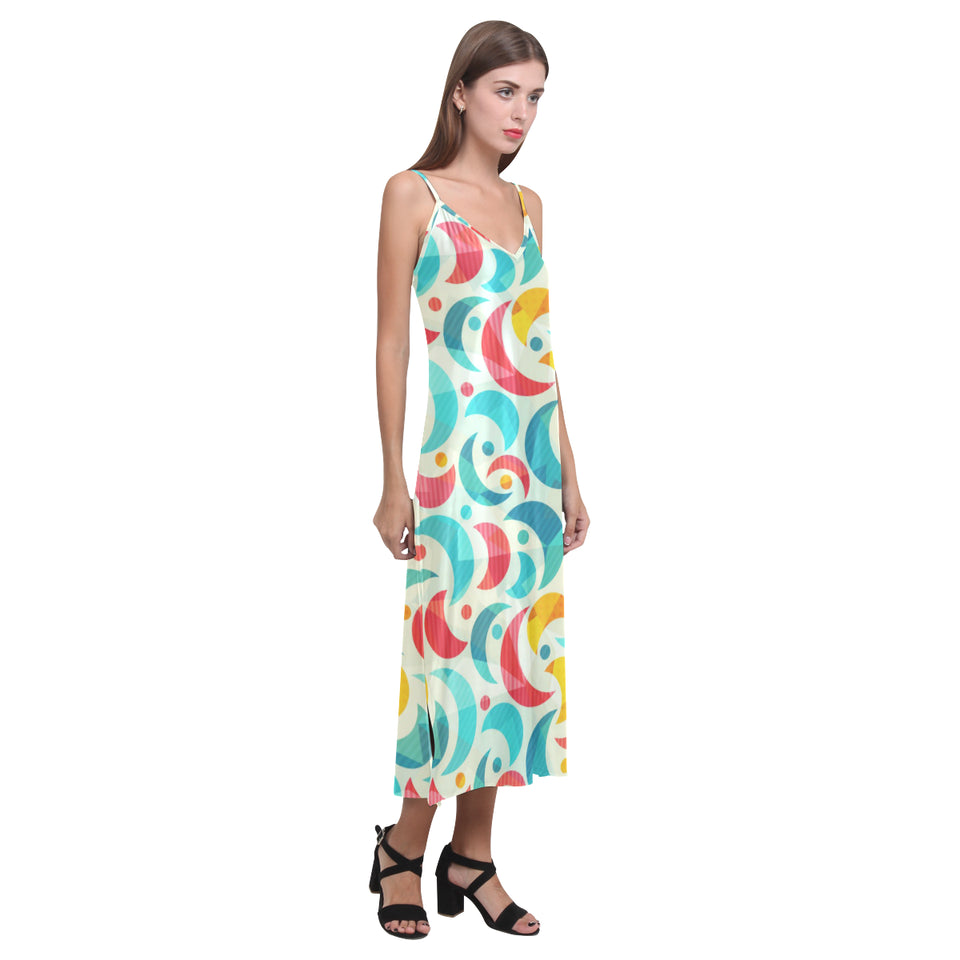 Colorful moon pattern V-Neck Open Fork Long Dress