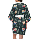 Cute sloths sleeping christmas ball santa hat patt Women's Short Kimono Robe
