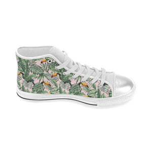 Toucan tropical green jungle palm pattern Women's High Top Canvas Shoes White
