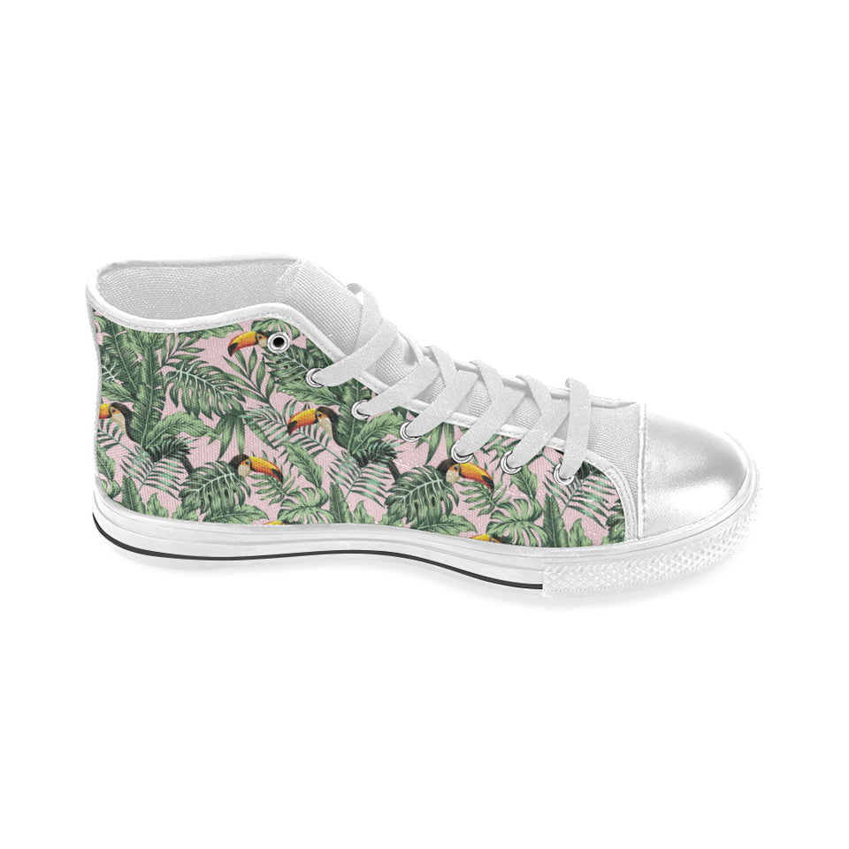 Toucan tropical green jungle palm pattern Women's High Top Canvas Shoes White