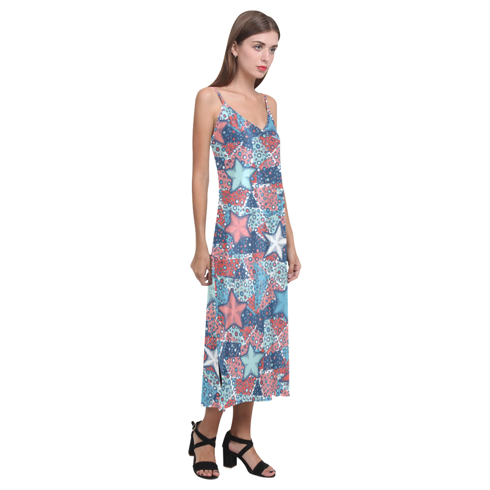 Hand drawn colorful starfish V-Neck Open Fork Long Dress