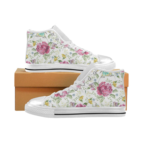 Hand drawn butterfly rose Women's High Top Canvas Shoes White