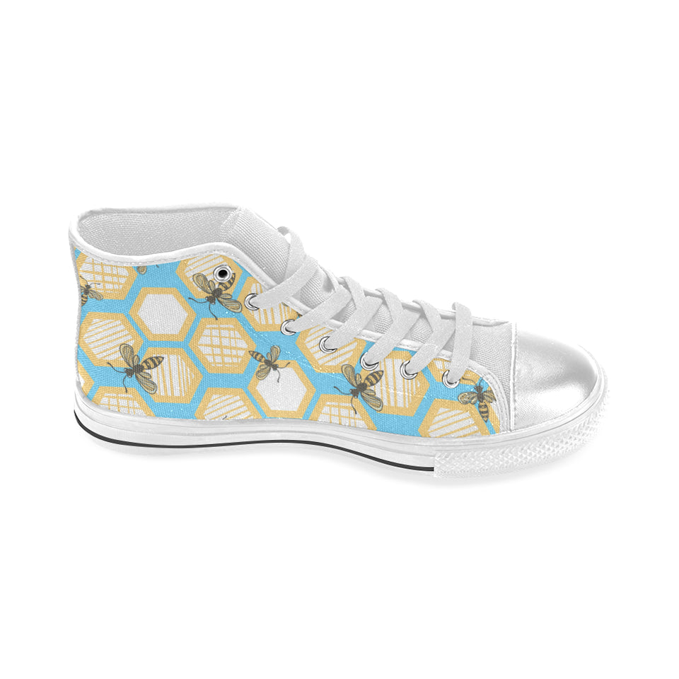 Bee honeycomb pattern Women's High Top Canvas Shoes White