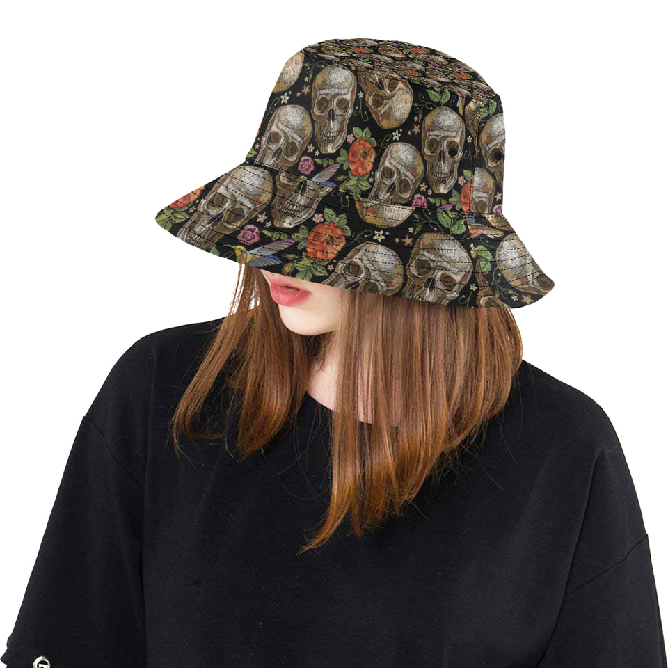 Skull rose humming bird flower pattern Unisex Bucket Hat