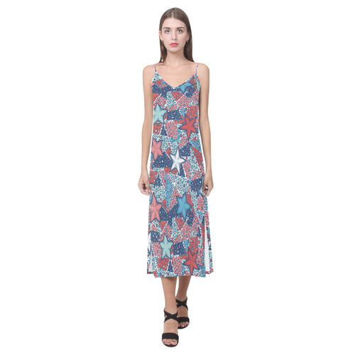 Hand drawn colorful starfish V-Neck Open Fork Long Dress