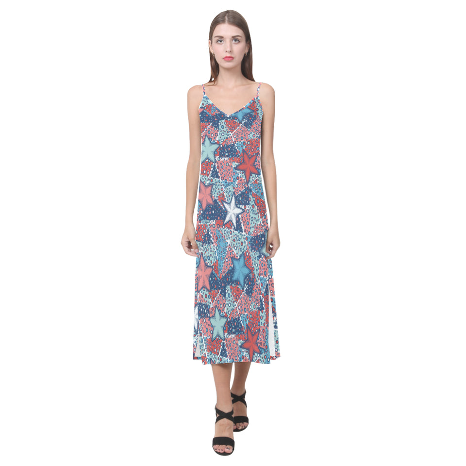 Hand drawn colorful starfish V-Neck Open Fork Long Dress