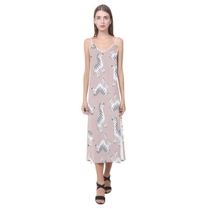 Cute zebra pattern V-Neck Open Fork Long Dress