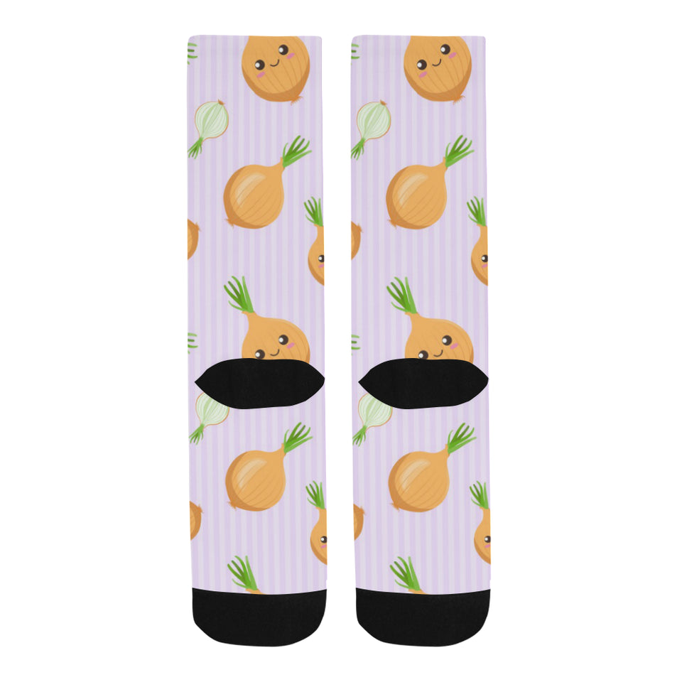 cute onions smiling faces purple background Crew Socks