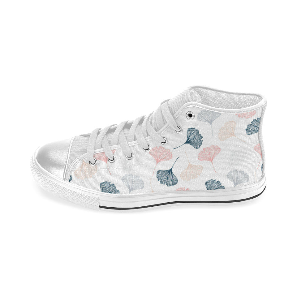 Black Gray Cream coral ginkgo leaves pattern Women's High Top Canvas Shoes White