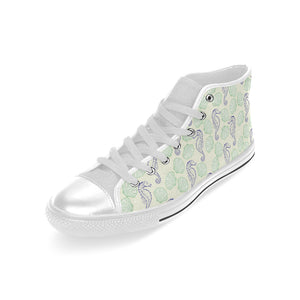 Seahorse shell pattern Men's High Top Canvas Shoes White