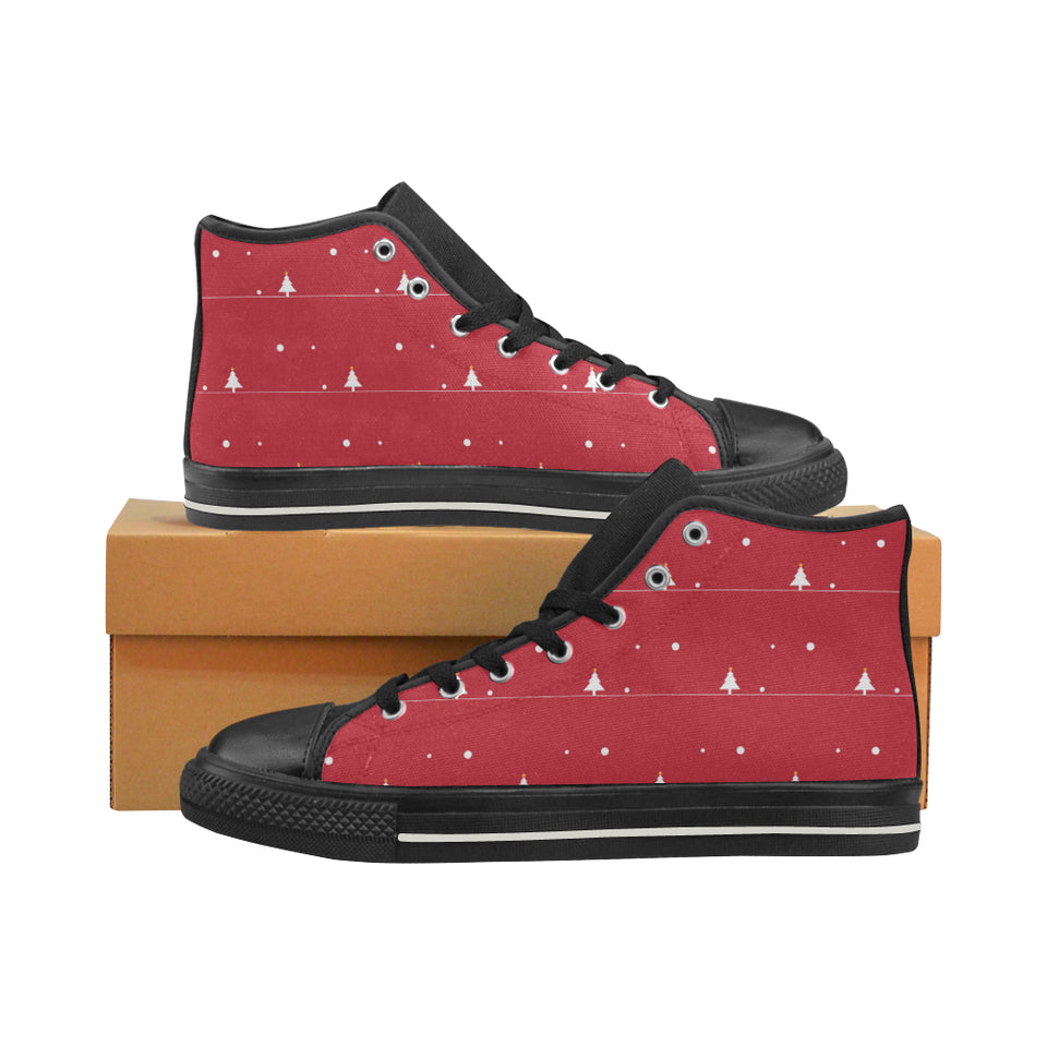 Christmas tree star snow red background Men's High Top Canvas Shoes Black