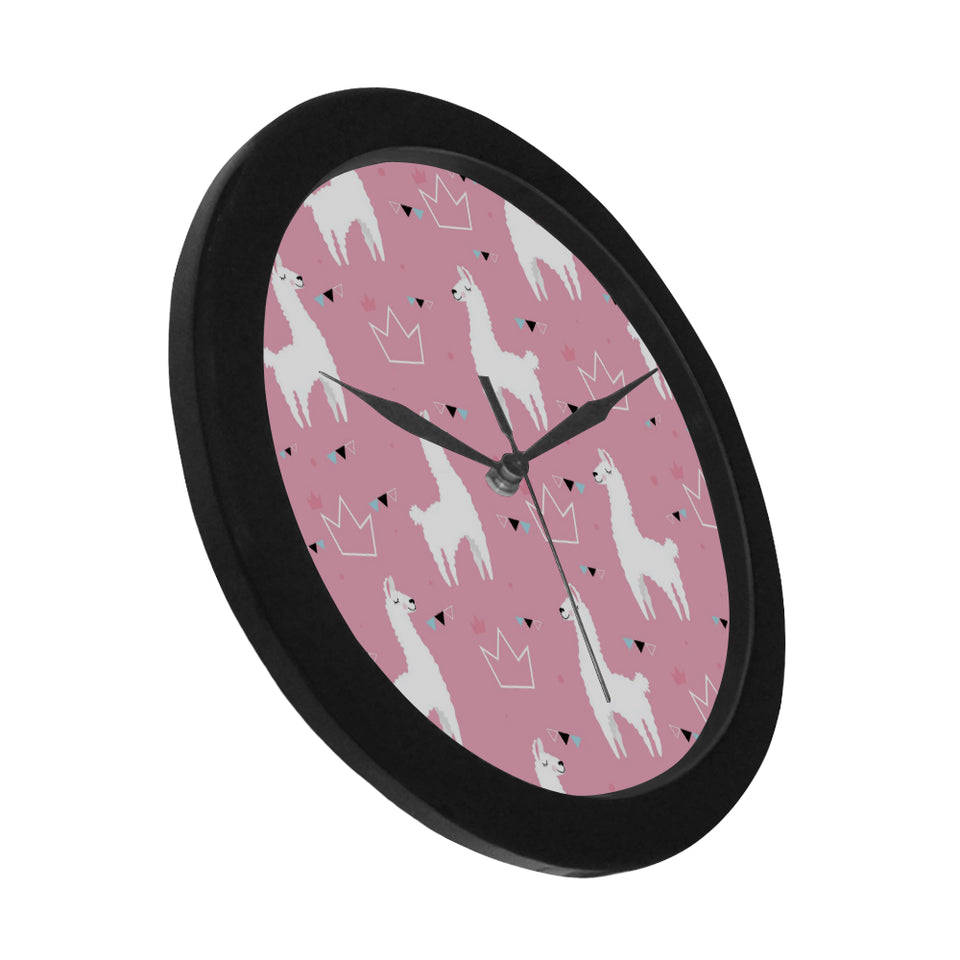 Llama Alpaca pink background Elegant Black Wall Clock