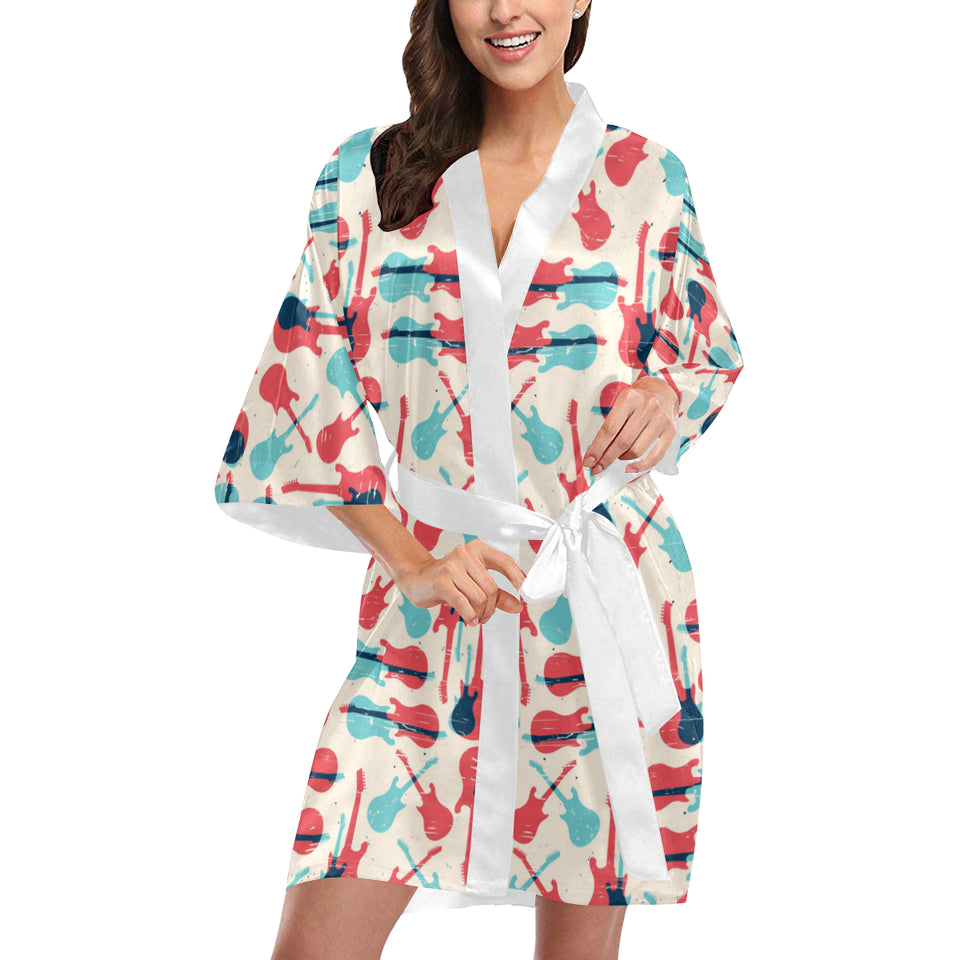 Red Blue guitar pattern Women's Short Kimono Robe