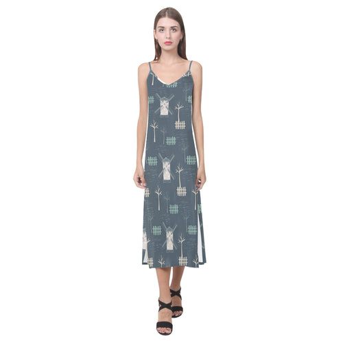 windmill tree pattern V-Neck Open Fork Long Dress