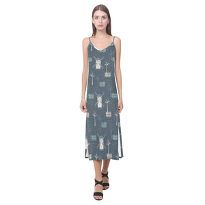 windmill tree pattern V-Neck Open Fork Long Dress
