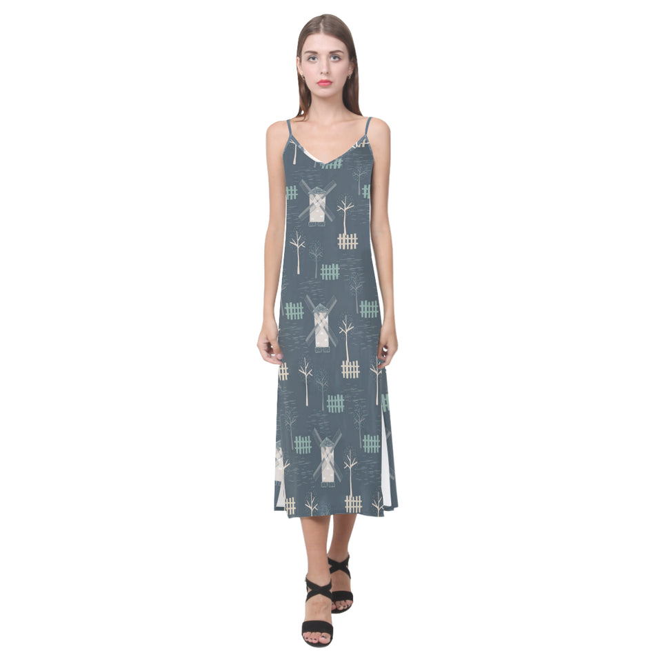 windmill tree pattern V-Neck Open Fork Long Dress