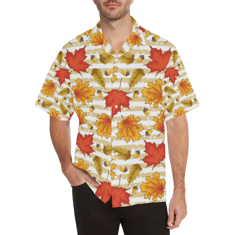 Maple leaf oak leaf acorns beige striped backgroun Men's All Over Print Hawaiian Shirt