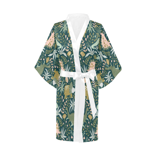 dinosaurs tropical leaves flower pattern Women's Short Kimono Robe