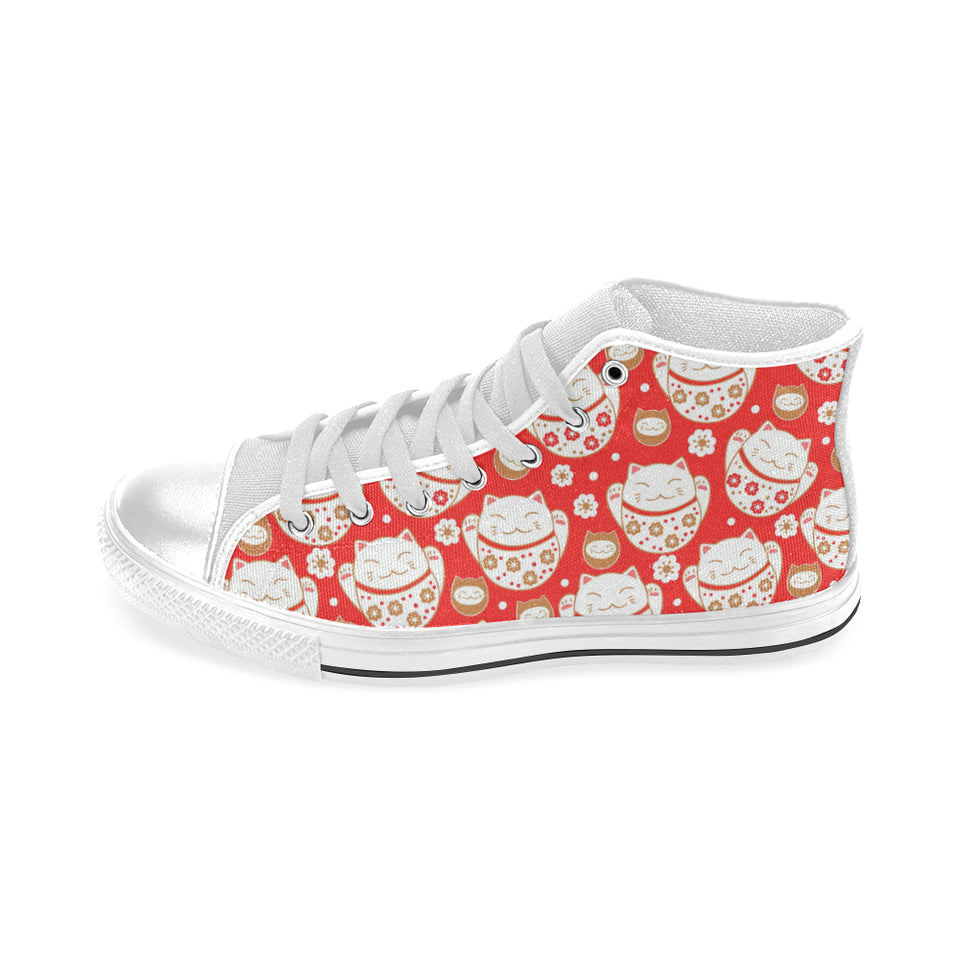 Cute Maneki neko cat red background Men's High Top Canvas Shoes White