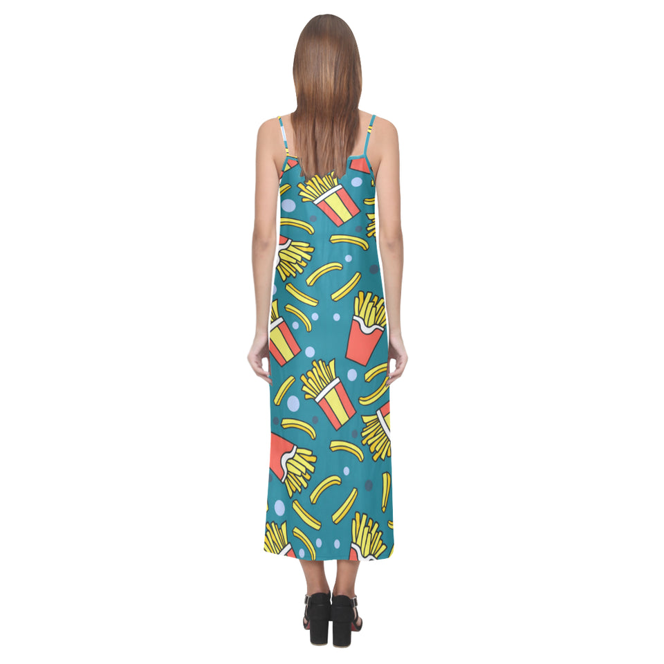 French fries red paper box pattern V-Neck Open Fork Long Dress