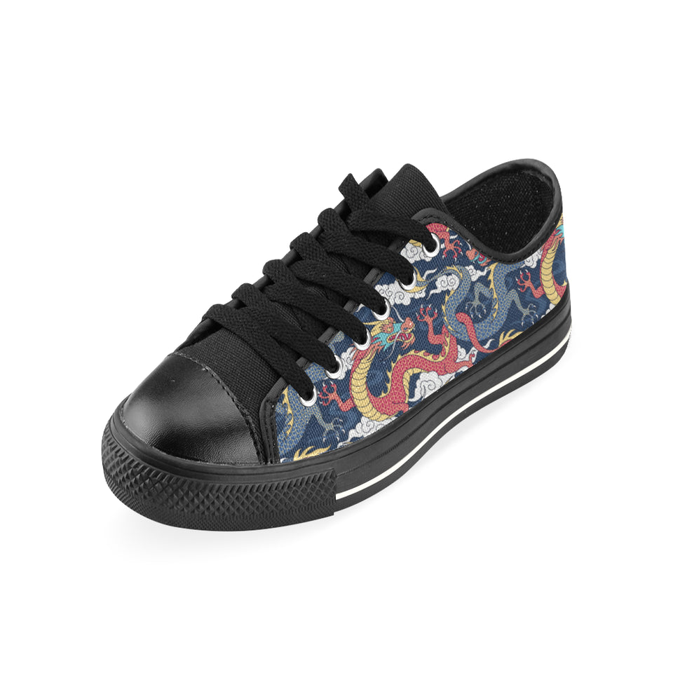 Blue red dragon cloud pattern Men's Low Top Canvas Shoes Black