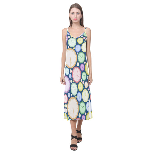 Colorful clock background V-Neck Open Fork Long Dress