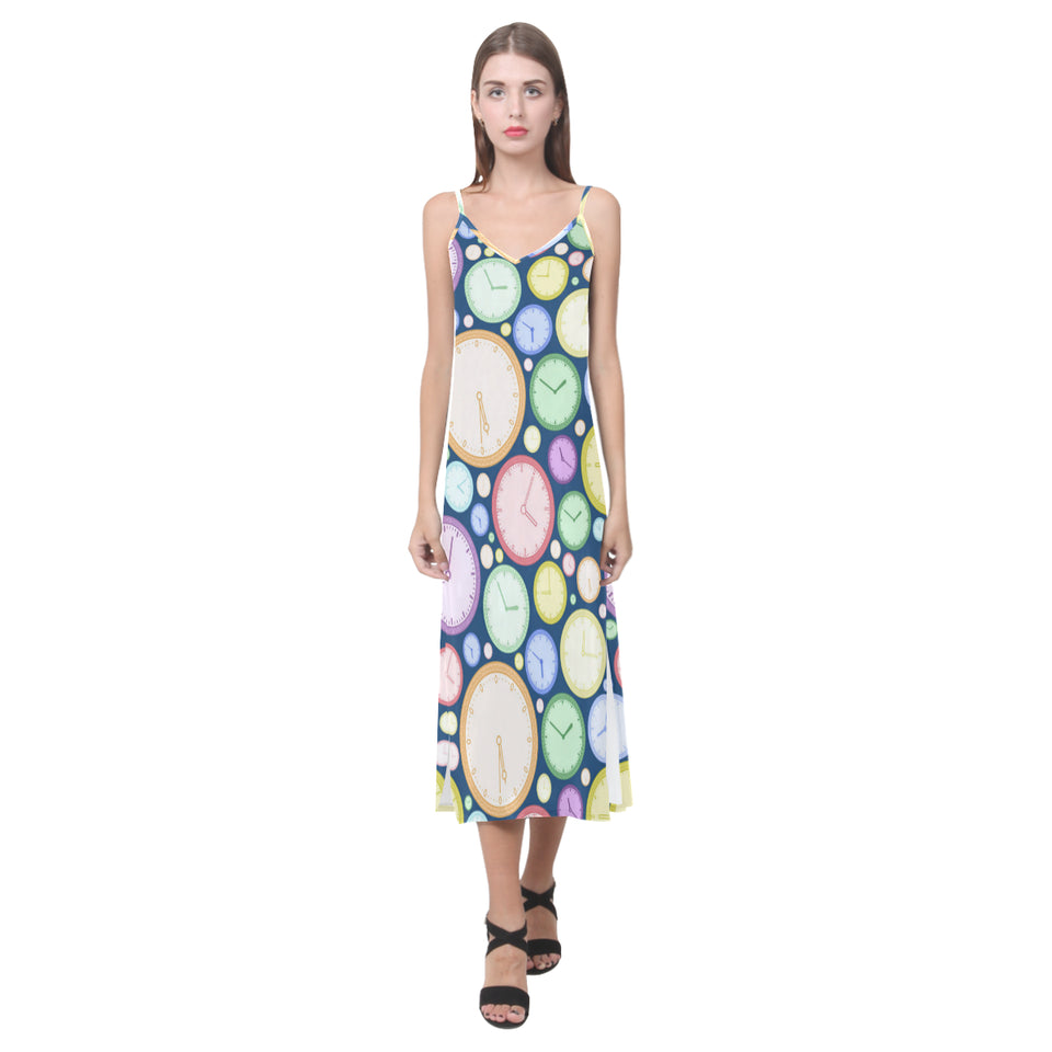 Colorful clock background V-Neck Open Fork Long Dress