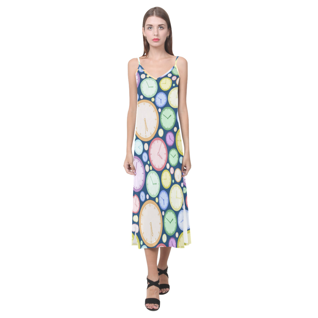 Colorful clock background V-Neck Open Fork Long Dress