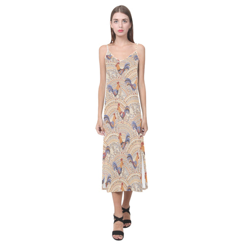 Cute rooster chicken cock floral ornament backgrou V-Neck Open Fork Long Dress