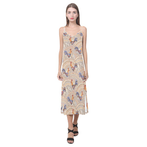 Cute rooster chicken cock floral ornament backgrou V-Neck Open Fork Long Dress