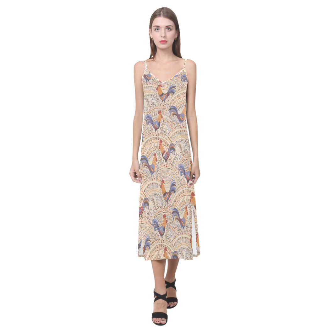 Cute rooster chicken cock floral ornament backgrou V-Neck Open Fork Long Dress