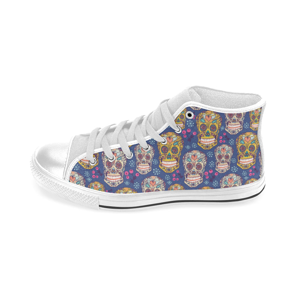 Sugar skull flower pattern Men's High Top Canvas Shoes White