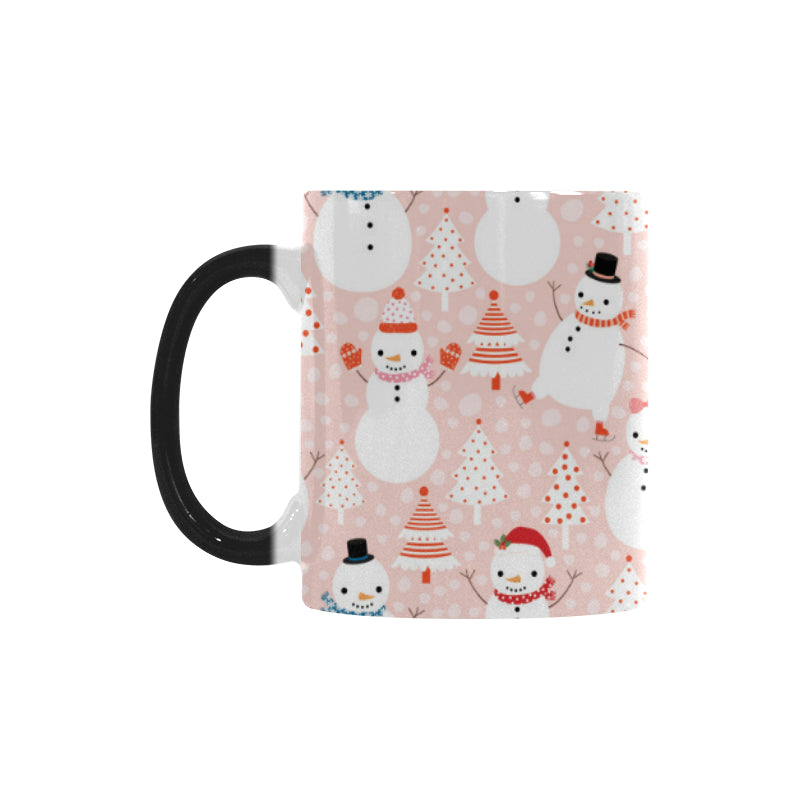 Cute snowman christmas tree snowpink background Morphing Mug Heat Changing Mug