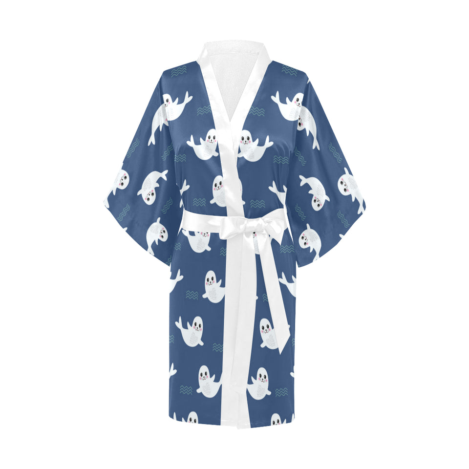 Cute white baby sea lion seal pattern Women's Short Kimono Robe