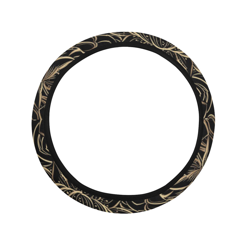 luxurious gold lotus waterlily black background Car Steering Wheel Cover