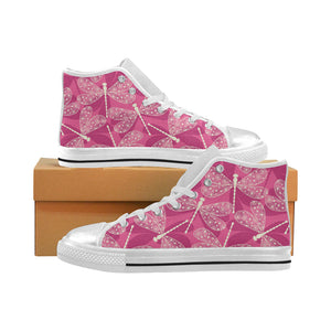 Beautiful dragonfly pink background Women's High Top Canvas Canvas Shoes White