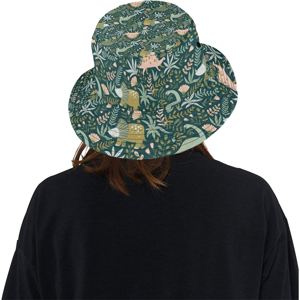 dinosaurs tropical leaves flower pattern Unisex Bucket Hat