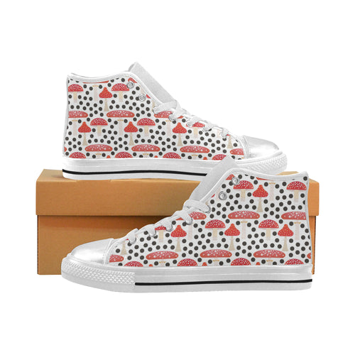 Red mushroom dot pattern Women's High Top Canvas Shoes White