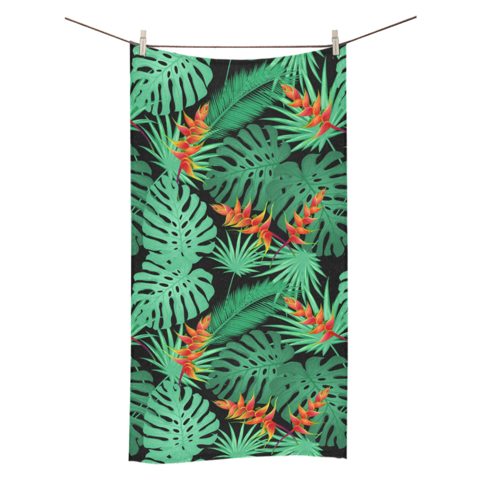 heliconia flower palm monstera leaves black backgr Bath Towel