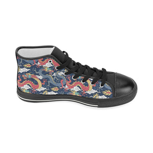 Blue red dragon cloud pattern Women's High Top Canvas Shoes Black