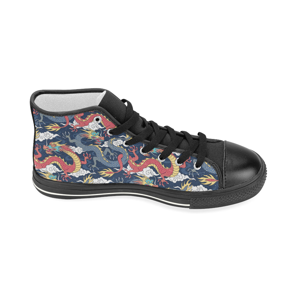Blue red dragon cloud pattern Women's High Top Canvas Shoes Black