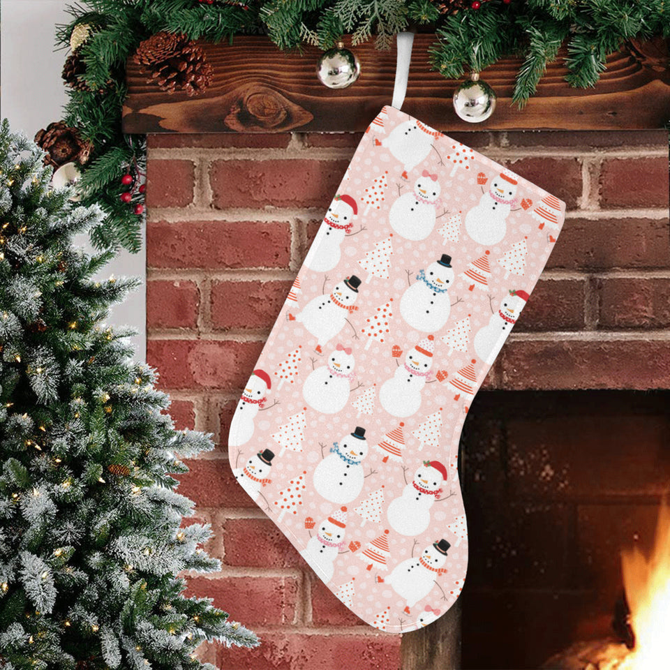 Cute snowman christmas tree snowpink background Christmas Stocking