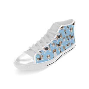 Beagle dog blue background pattern Men's High Top Canvas Shoes White