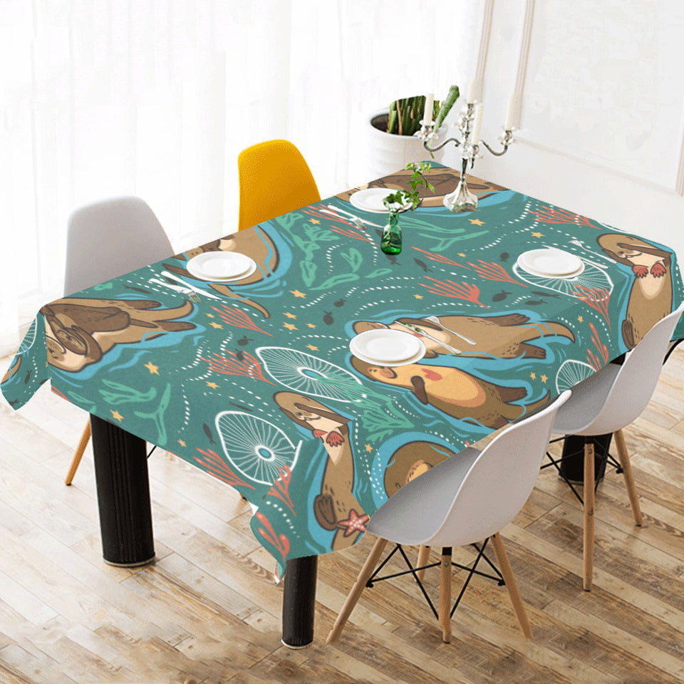 cute brown sea otters ornamental seaweed corals gr Tablecloth