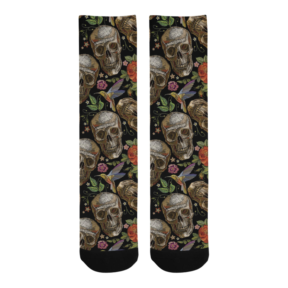 Skull rose humming bird flower pattern Crew Socks