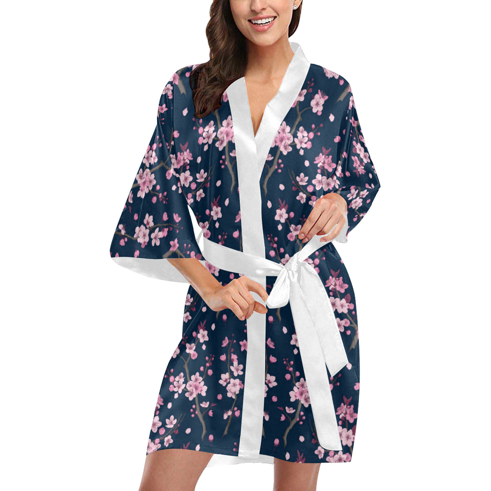 Pink sakura cherry blossom blue background Women's Short Kimono Robe