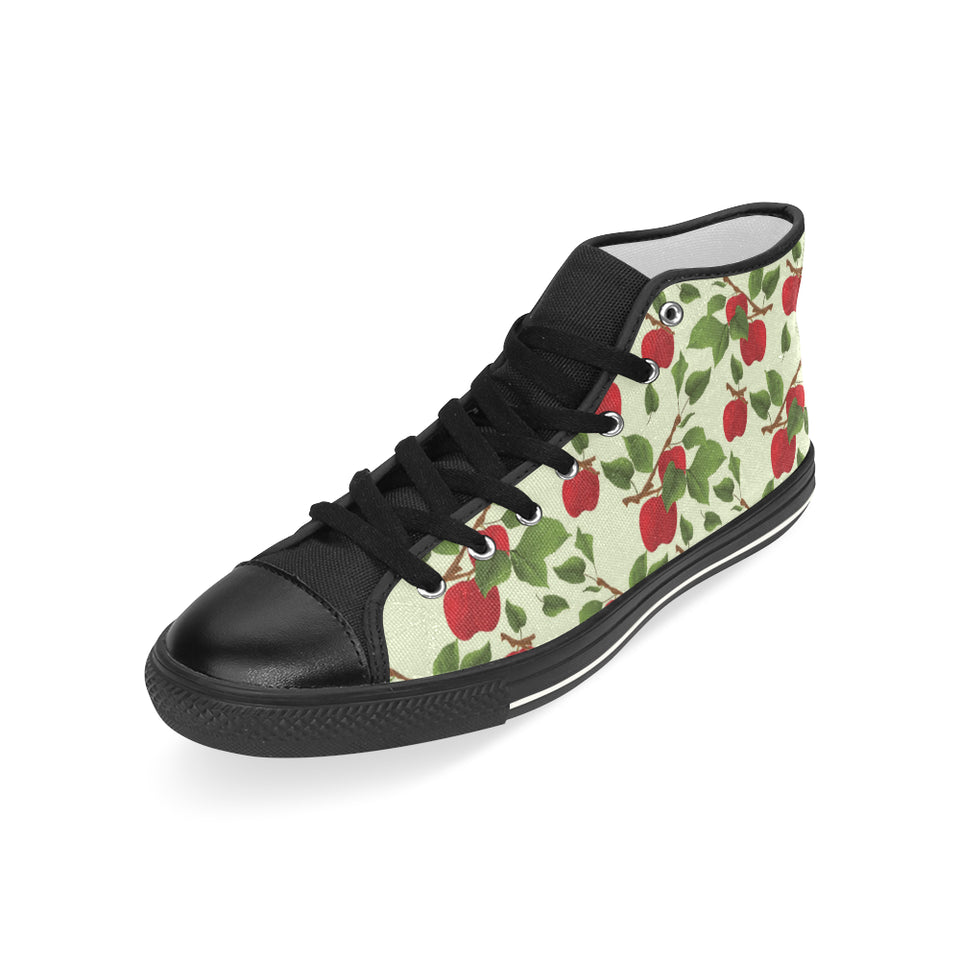 Red apples leaves pattern Men's High Top Canvas Shoes Black